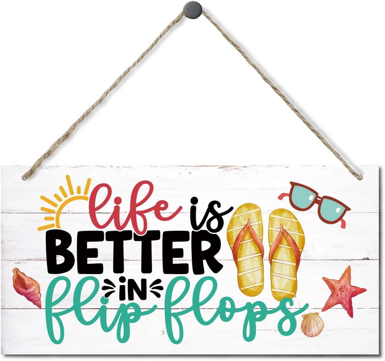 Life Is Better in Flip Flops Wood Sign - Hanging Home Decor, Printed Wall Art, Summer Beach House Indoor or Outdoor Decoration